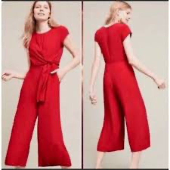 New Maeve Women's scoop neck casual belted wide leg red cap sleeve jumpsuit Sz 0 - Picture 3 of 9